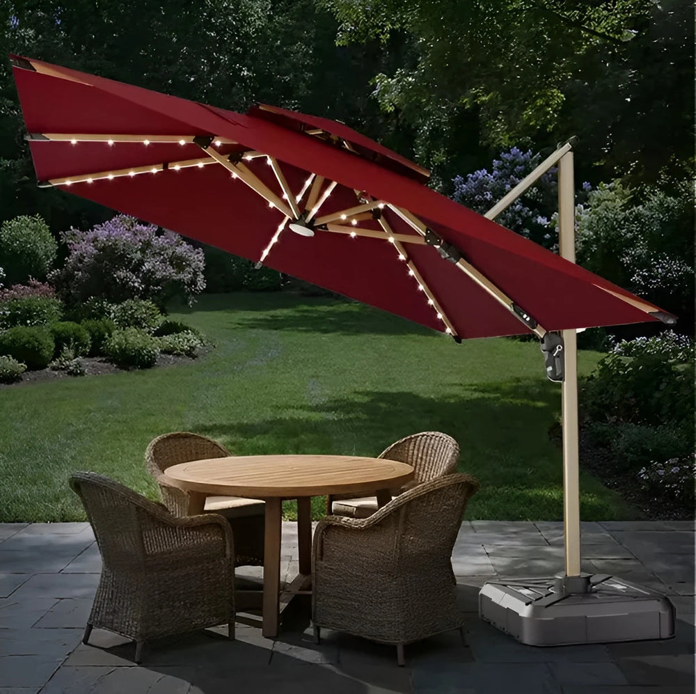 DecorMama Cantilever Patio Umbrella – Burgundy Red (LED Edition) – room setting