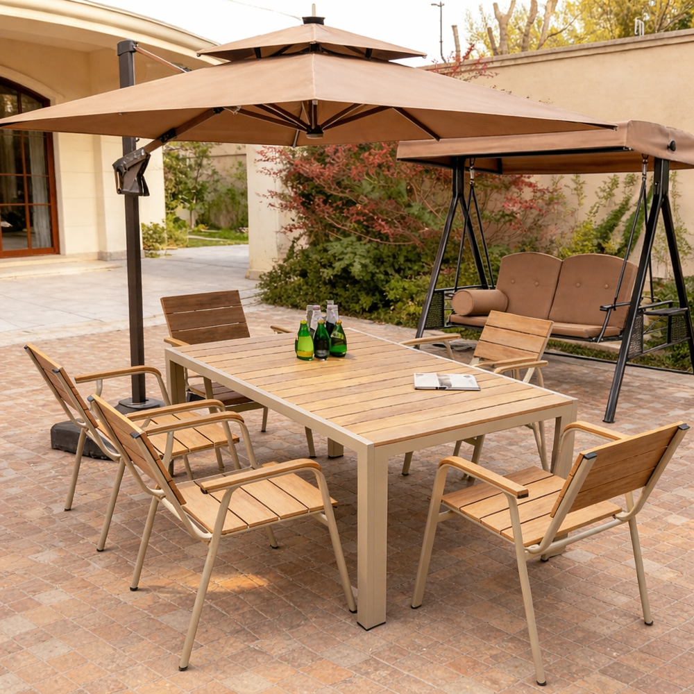 Outdoor Patio Set – 6 Seater With Umbrella & Swing