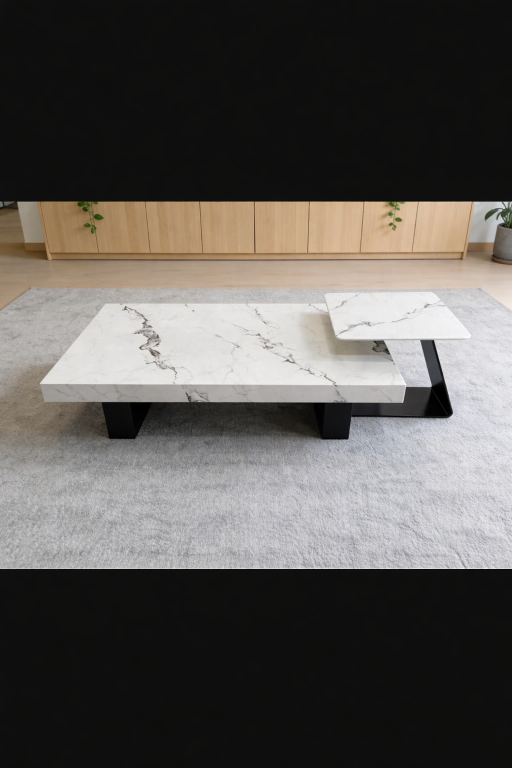 Modern White Marble Coffee Table Set – 2 Piece Nesting Centre Tables – Black Base Contemporary Living Room Furniture