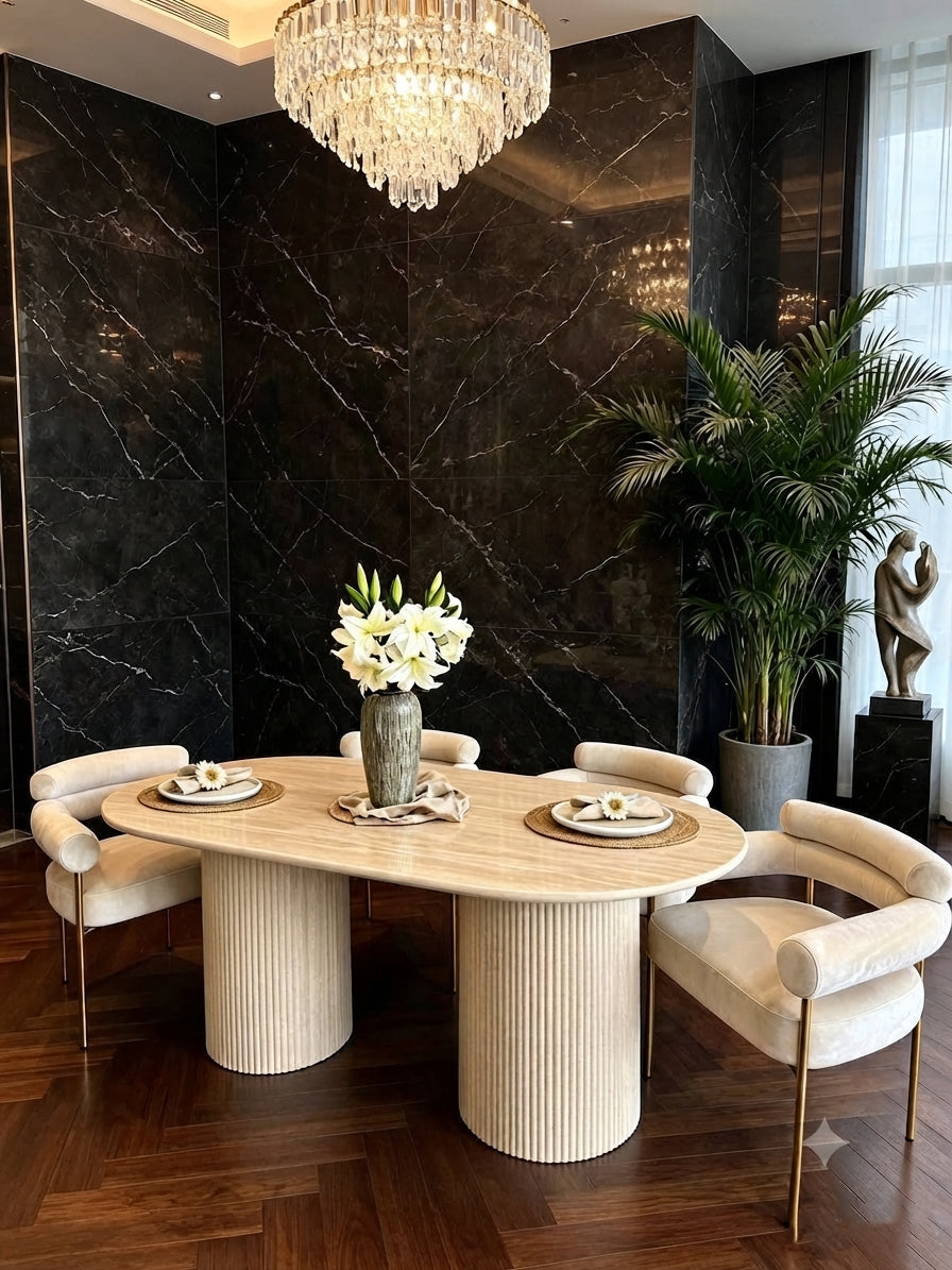 Modern Luxury Oval Marble Top Dining Table Set with Twin Fluted Pedestals and Upholstered Chairs