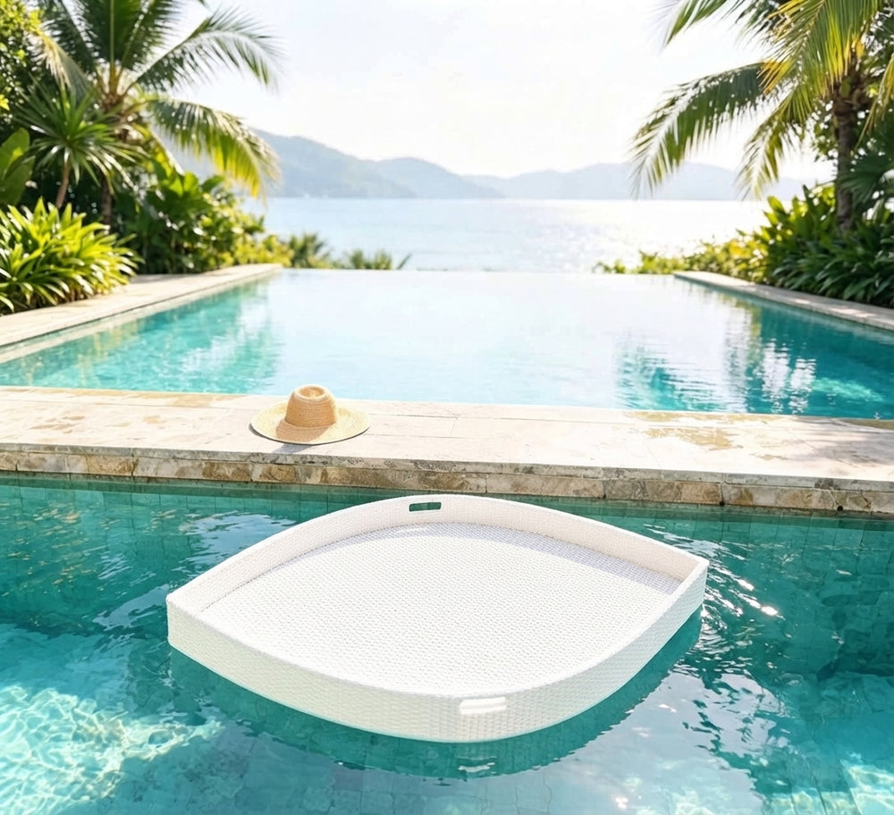 Modern White Wicker Floating Pool Tray and Serving Basin