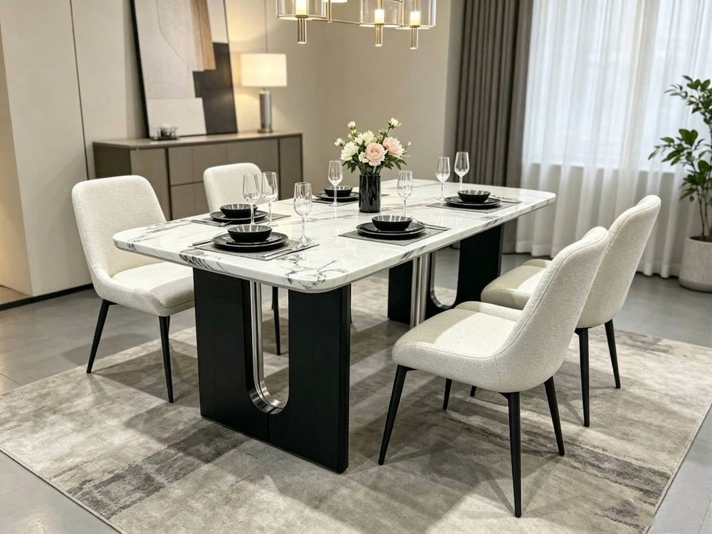 DecorMama® Modern Marble Top 4-Seater Dining Table Set with U-Shaped Base & Fabric Chairs