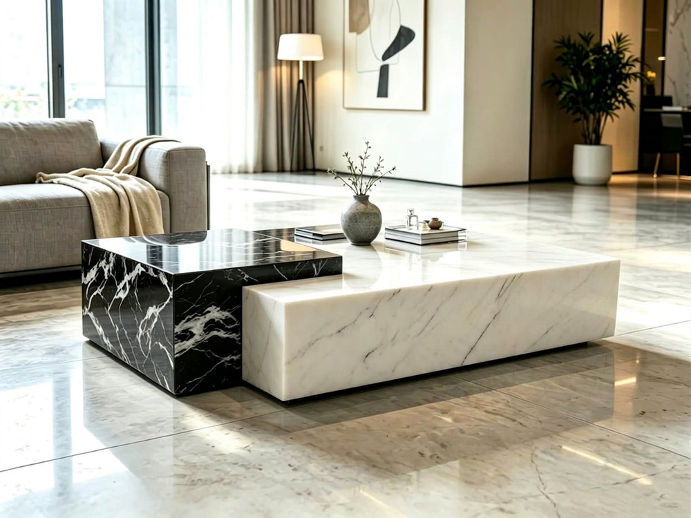 DecorMama® Luxury Interlocking Black & White Marble Coffee Table – Geometric Modular Design