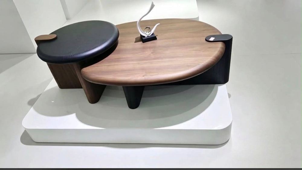 Modern Minimalist Asymmetric Wood & Upholstered Coffee Table Set