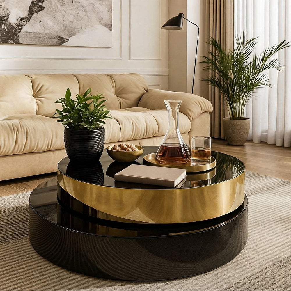 DecorMama® Modern Round Rotating Coffee Table with Dual-Layer Black Finish & Gold Trim