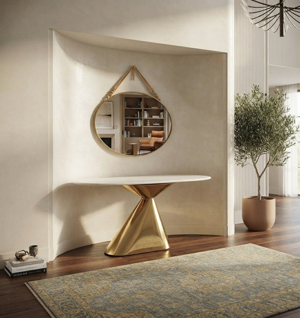 DecorMama® Luxury Marble-Top Console Table with Polished Gold Cone Base & Round Mirror