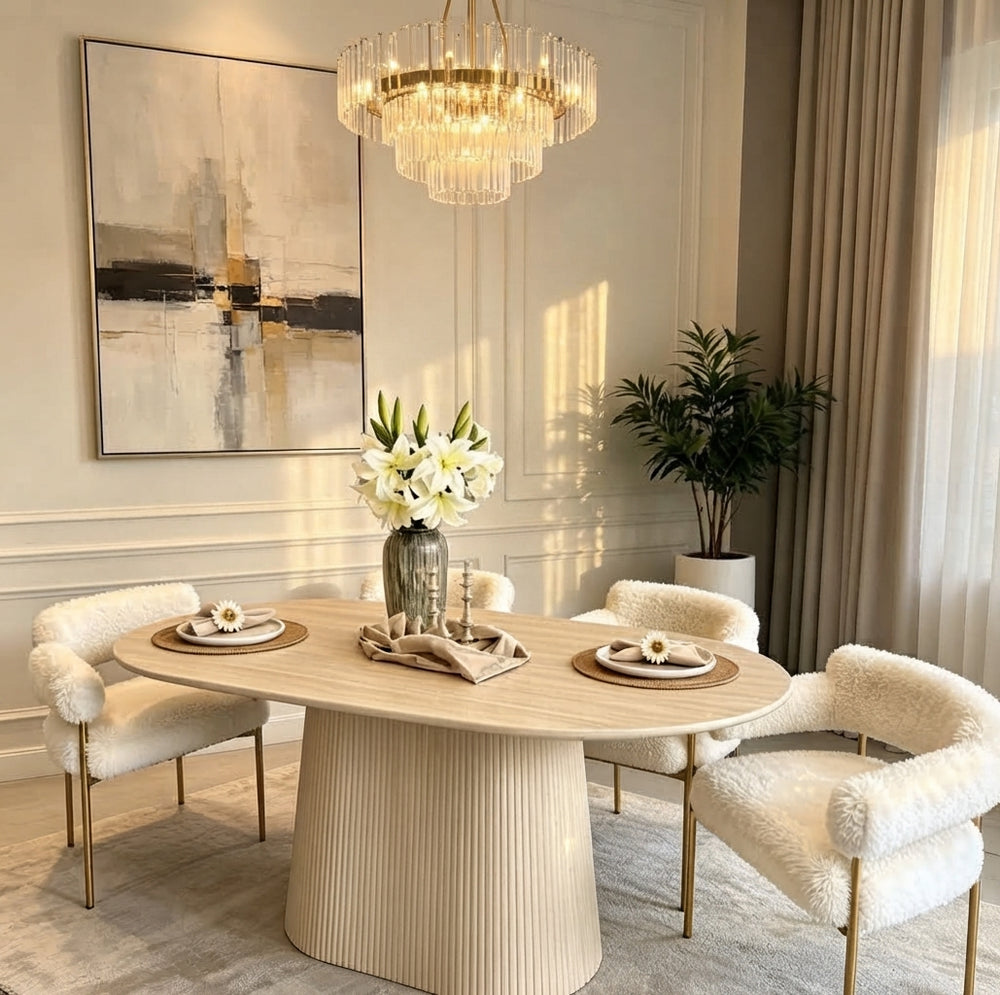 Modern Luxury Oval Wooden Dining Table Set with Fluted Oval Pedestal and Sherpa Upholstered Chairs