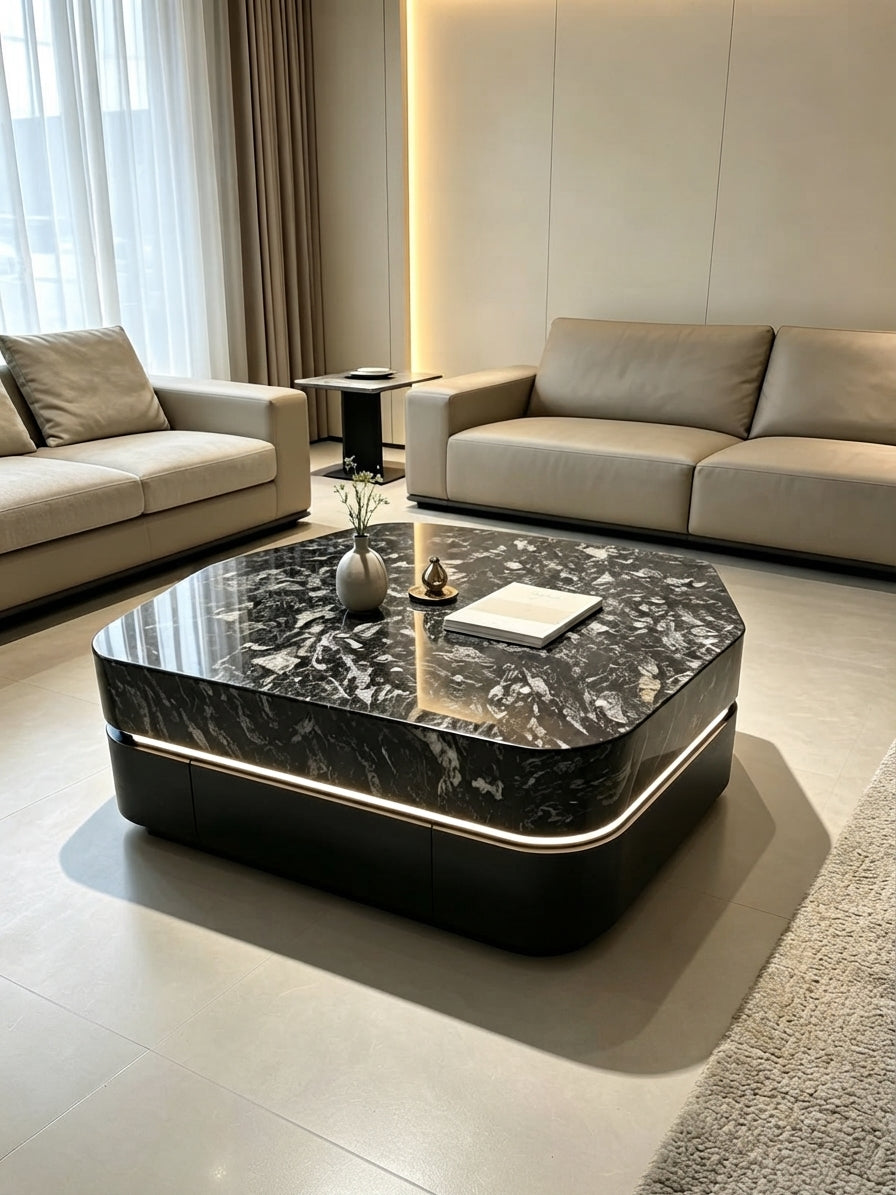 DecorMama® Luxury Black Marble Coffee Table with Textured Base