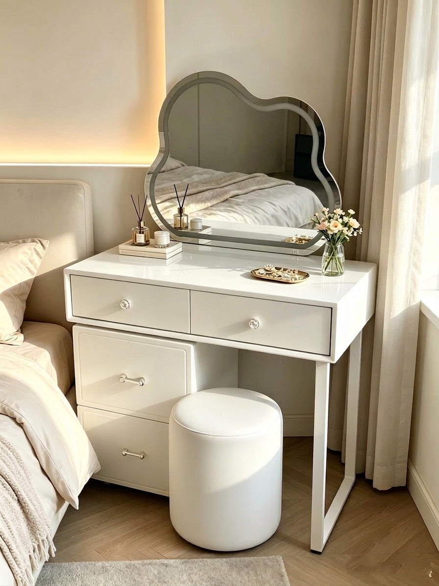 DecorMama® Luxury Modern White Vanity Dressing Table Set with Cloud-Shaped Mirror & Ottoman Stool