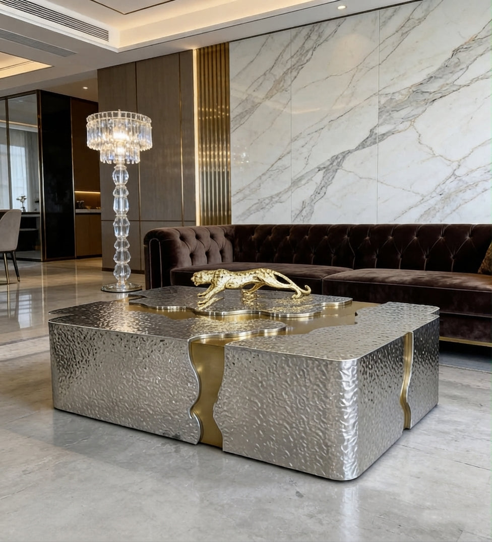 DecorMama® Luxury Hammered Silver & Gold Coffee Table with Gold Cheetah Decor
