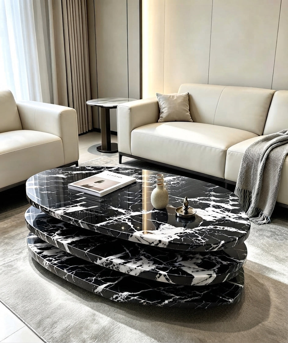 DecorMama® Modern Luxury Oval Three-Tiered Black & White Marble Coffee Table