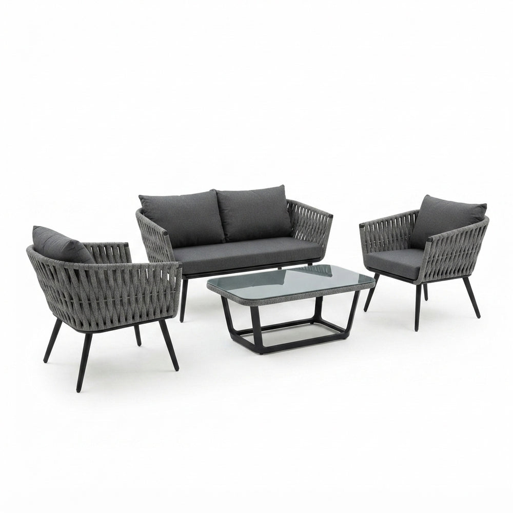 DecorMama® Luxury Outdoor Rope Patio Furniture Set – Modern 4-Piece Sofa & Coffee Table Set
