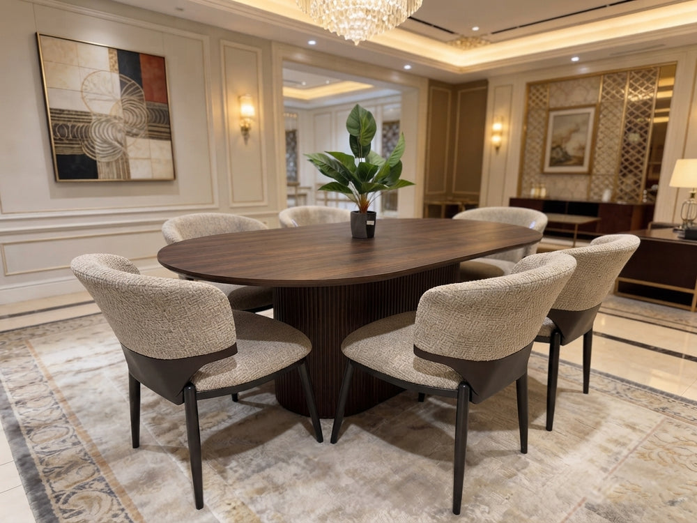 Modern Oval Wooden Dining Table Set with 6 Upholstered Chairs