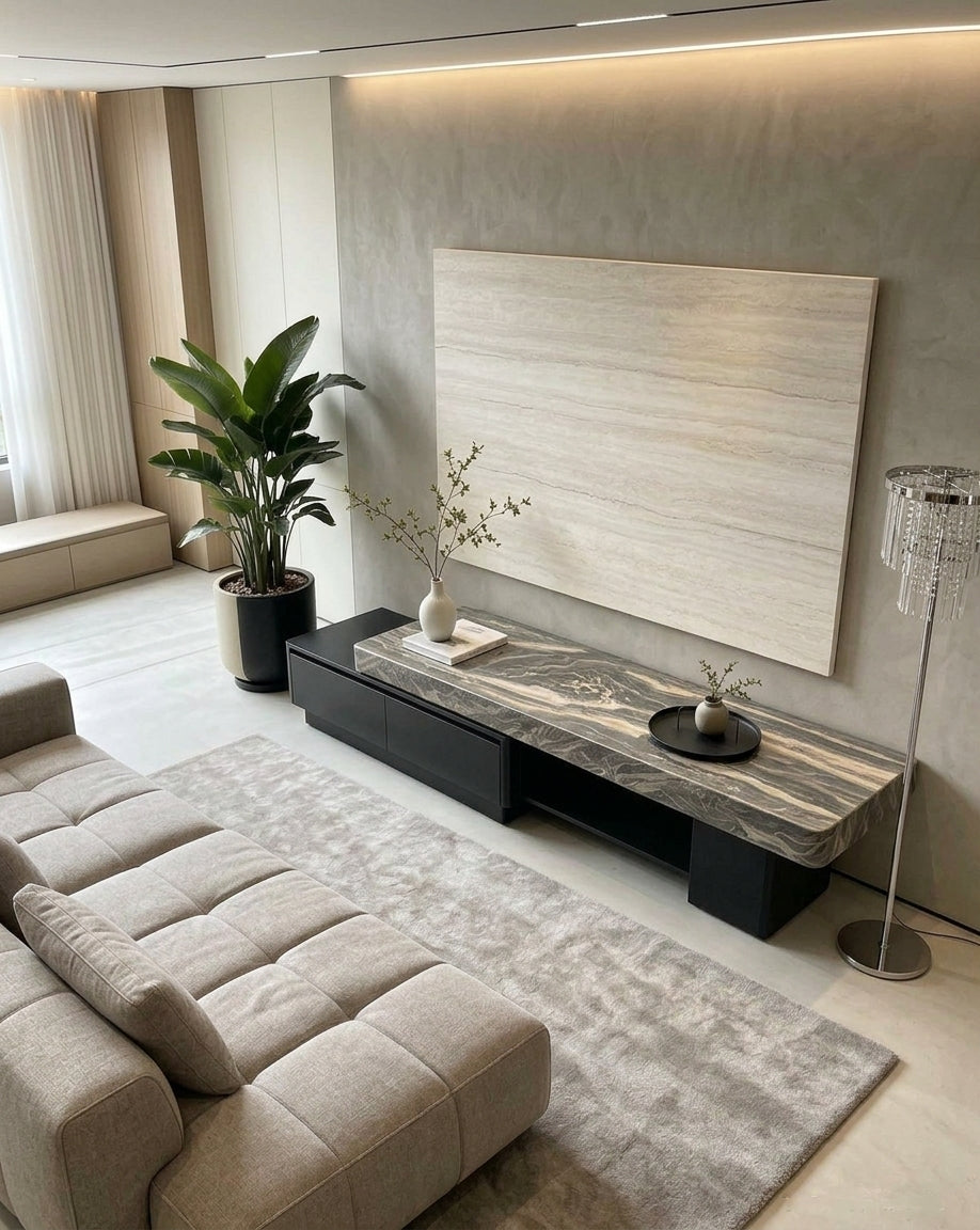 Modern Luxury Marble Top TV Media Console with Open Shelving and Drawers