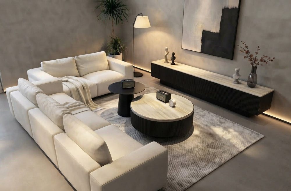 Modern Round Nesting Coffee Table and Media Console Set