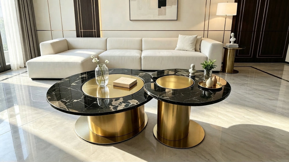 DecorMama® Modern Luxury Black Marble Coffee Table Set with Gold Cylindrical Bases