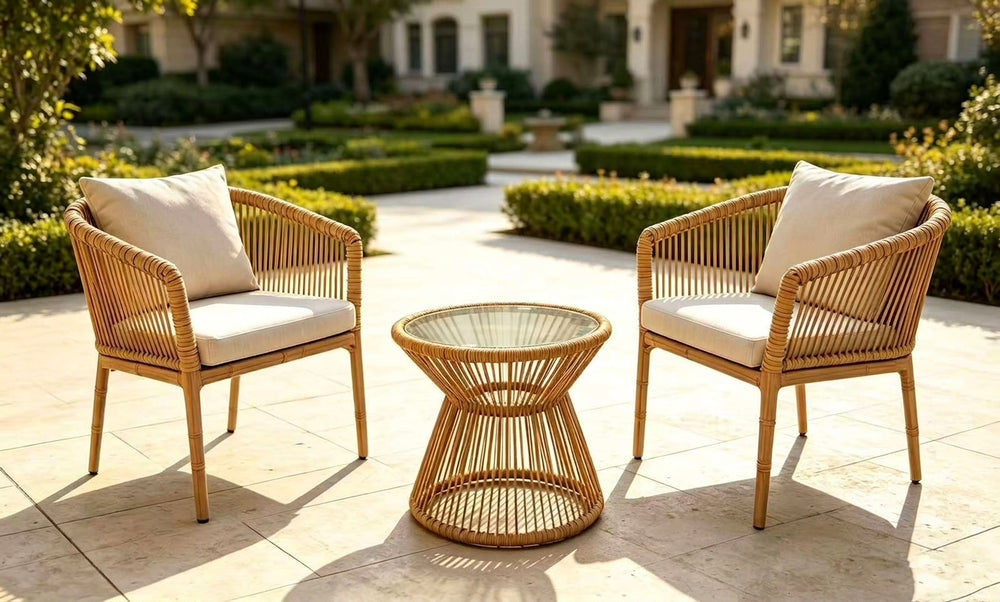 DecorMama® Luxury Rattan Patio Bistro Set with Glass Top Coffee Table & Armchairs
