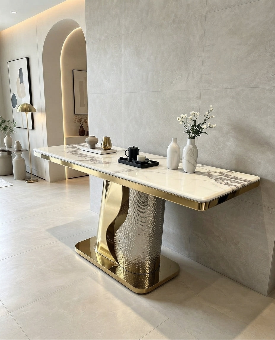 DecorMama® Luxury Marble Console Table with Gold & Silver Sculptural Base
