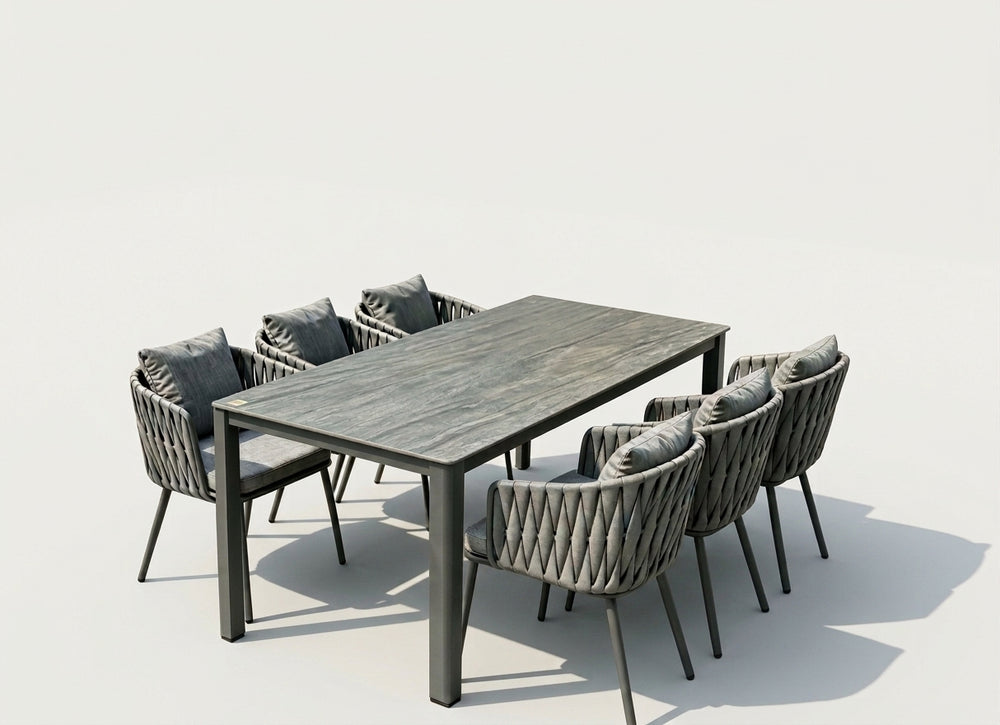 DecorMama® Modern 7-Piece Outdoor Dining Set – Slate Top Table with 6 Rope-Woven Dining Chairs