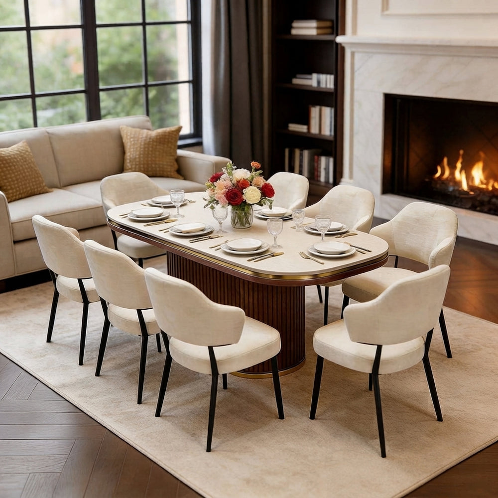 Modern Luxury Marble Top Dining Table Set with Fluted Pedestal and 8 Upholstered Chairs