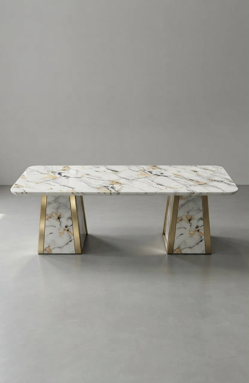 DecorMama® Luxury Marble-Pattern Dining Table with Polished Gold Accents & Trapezoid Base
