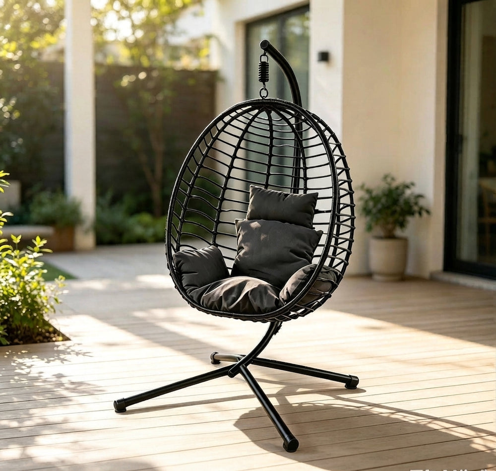 Modern Black Wicker Hanging Egg Chair with Stand and Plush Cushions