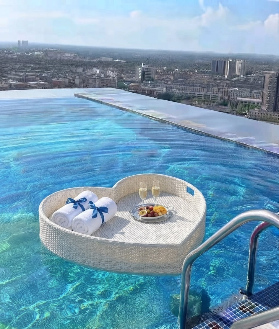 Heart-Shaped White Wicker Floating Pool Tray and Basin
