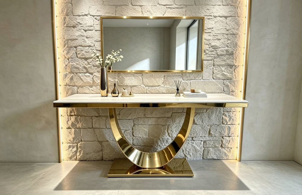 DecorMama® Luxury Marble-Top Console Table with Curved Gold Base & Matching Wall Mirror