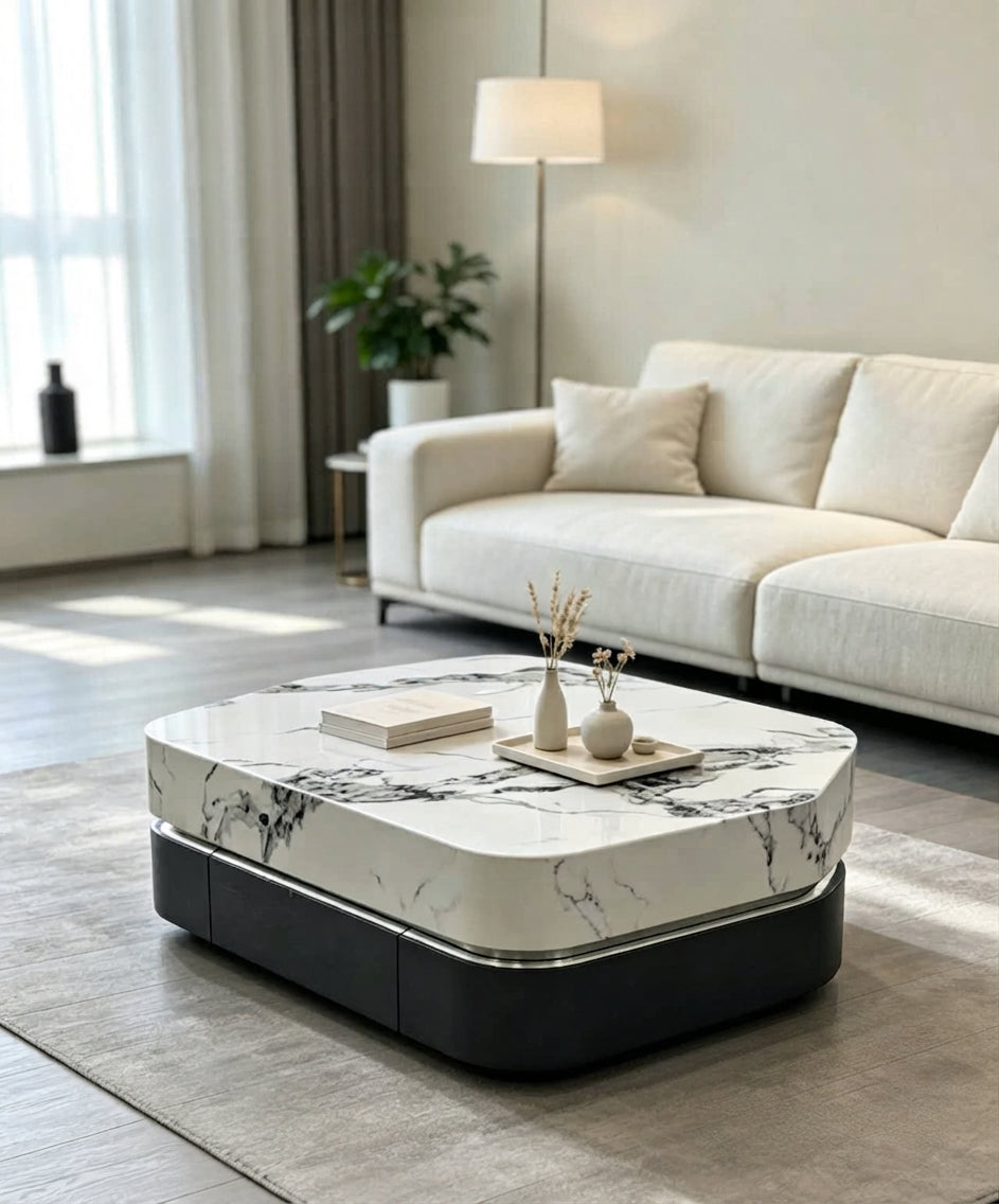 DecorMama® Modern Luxury Marble Top Coffee Table with Upholstered Base