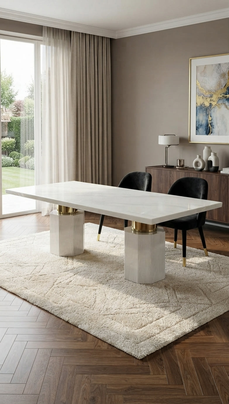 DecorMama® Luxury Sintered Stone Dining Table with Marble Hexagonal Base & Polished Gold Connector