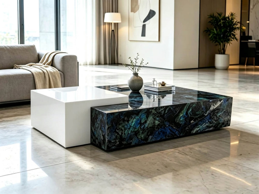 DecorMama® Contemporary Modular Dual-Block Coffee Table with Blue Marble Agate Finish