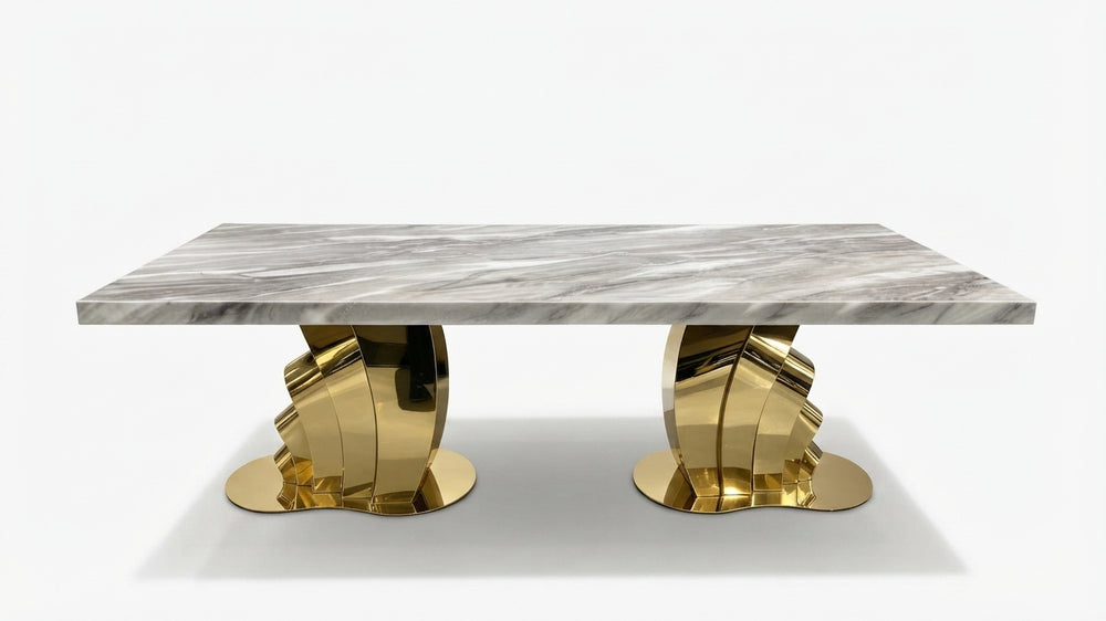 DecorMama® Modern Luxury Grey Marble Dining Table with Polished Gold Fan Base