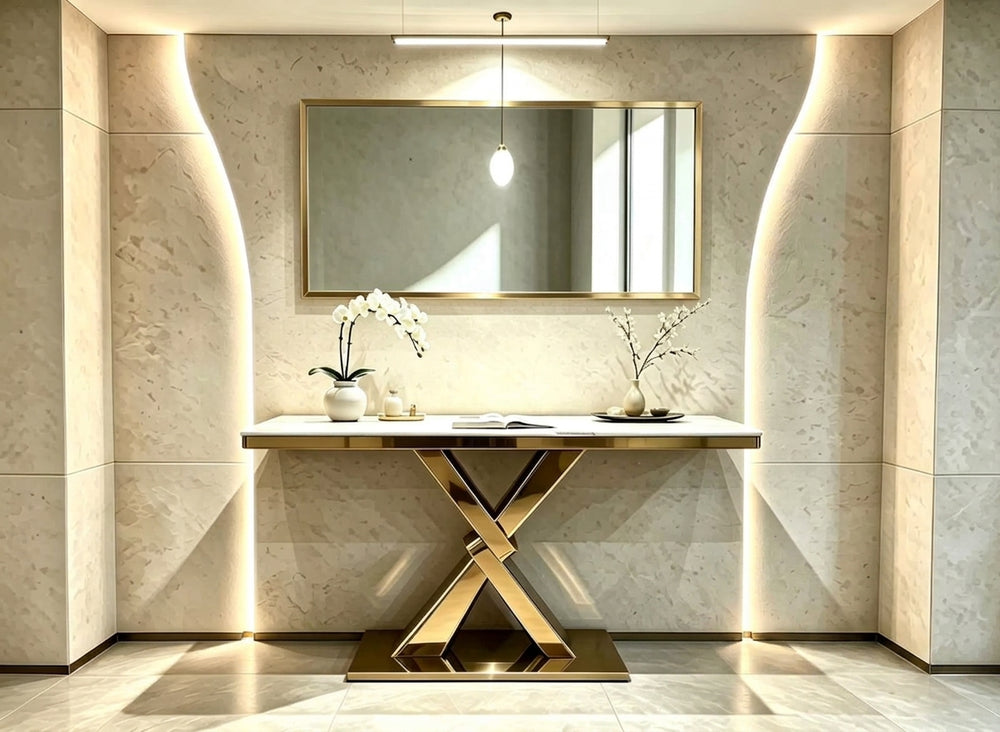 DecorMama® Modern Luxury Gold X-Base Console Table with White Marble Top & Matching Mirror
