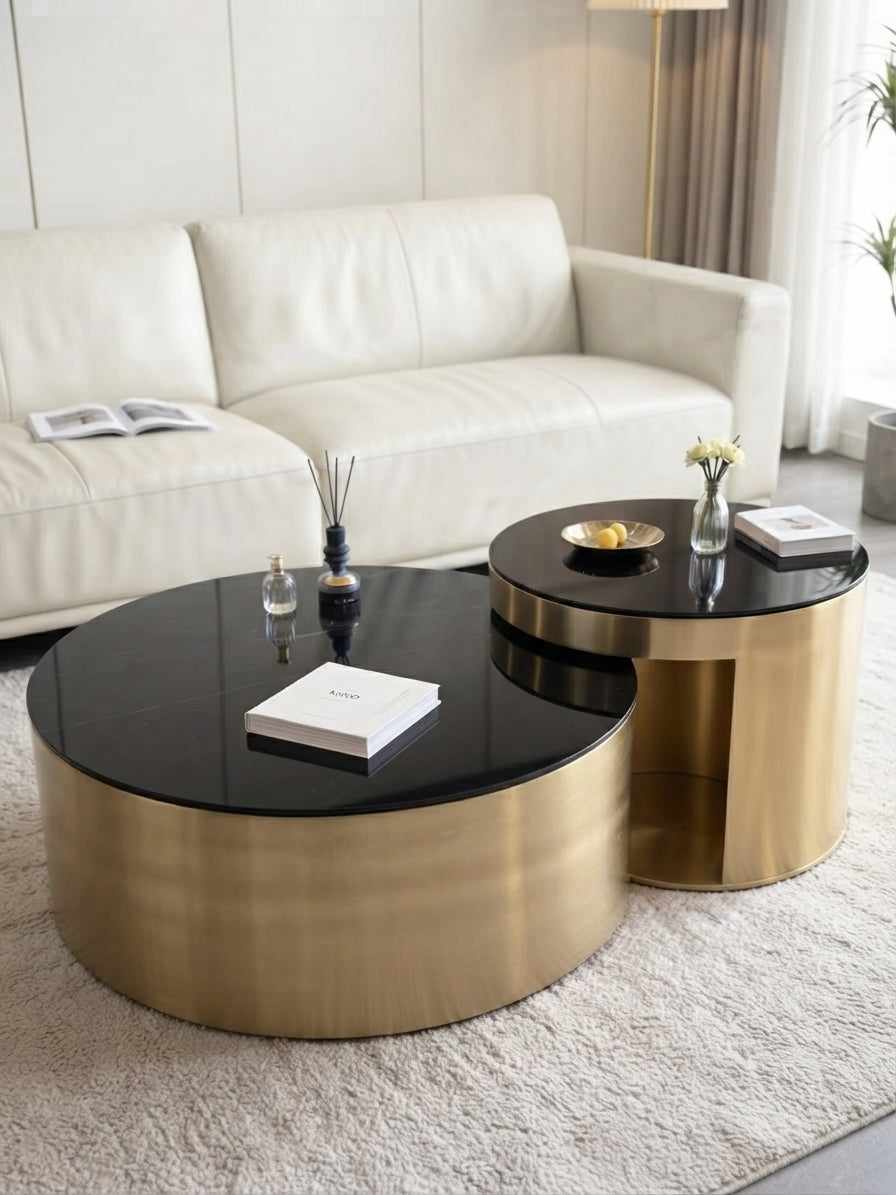 DecorMama® Luxury Round Nesting Coffee Table Set – Modern Gold Stainless Steel & Black Glass Top