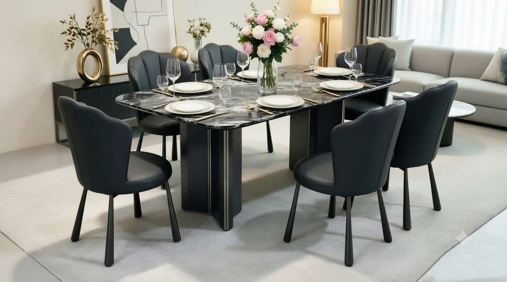 DecorMama 7-Piece Black Marble Dining Set – Scalloped Chairs – room setting