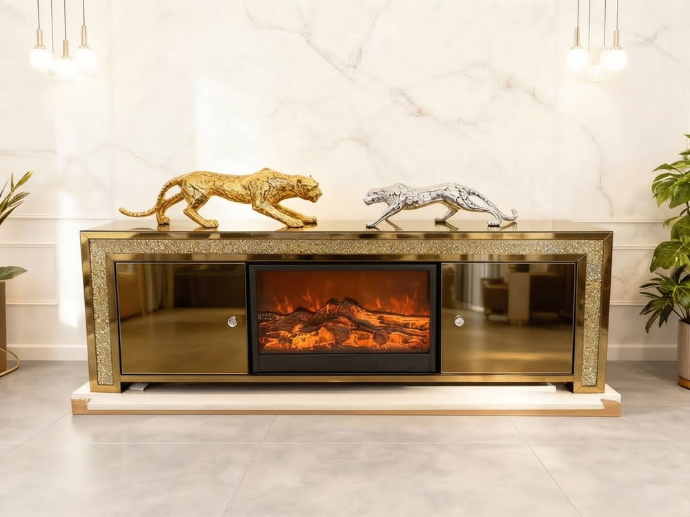 DecorMama Mirrored TV Unit with Built-In Electric Fireplace – room setting