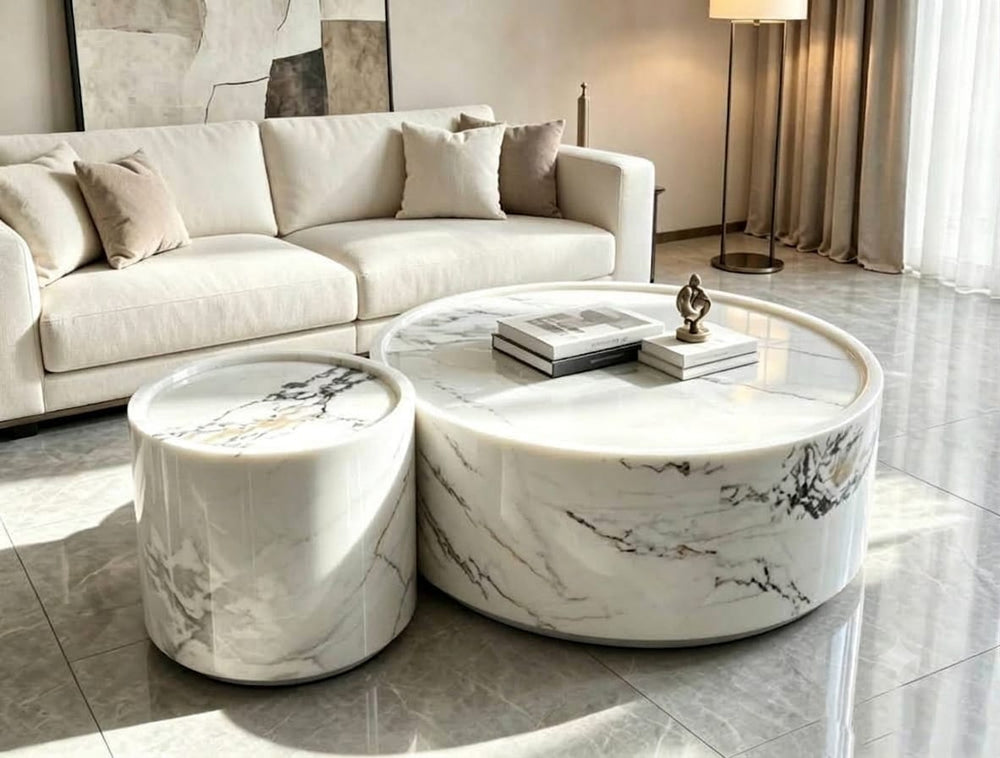 DecorMama Modern Luxury White Marble Round Nesting Coffee Table – room setting