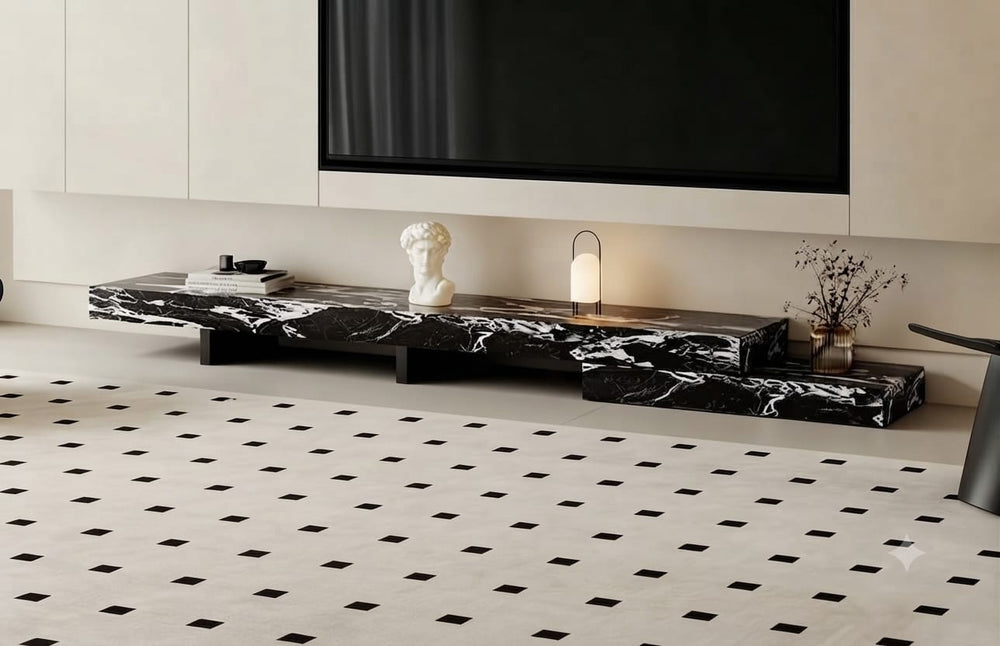 DecorMama Modern Black Marble Floating-Style TV Stand – room setting