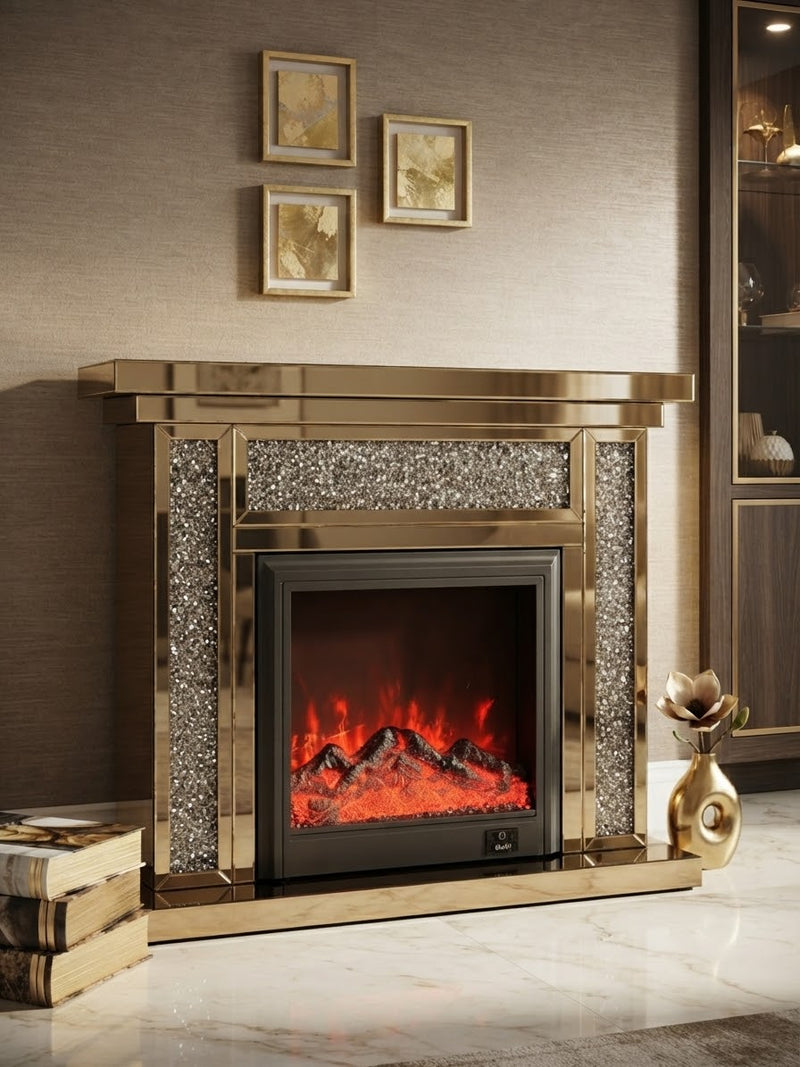 DecorMama Crushed Diamond Gold Fireplace – room setting