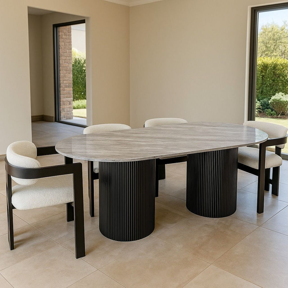 Modern Oval Marble Top Dining Table Set with Fluted Twin Pedestal Base and 4 Upholstered Chairs