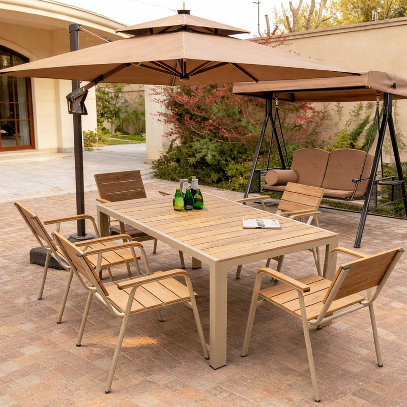 Outdoor Patio Set – 6 Seater With Umbrella & Swing