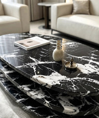 DecorMama Oval Three-Tiered Black & White Marble Coffee Table – room setting