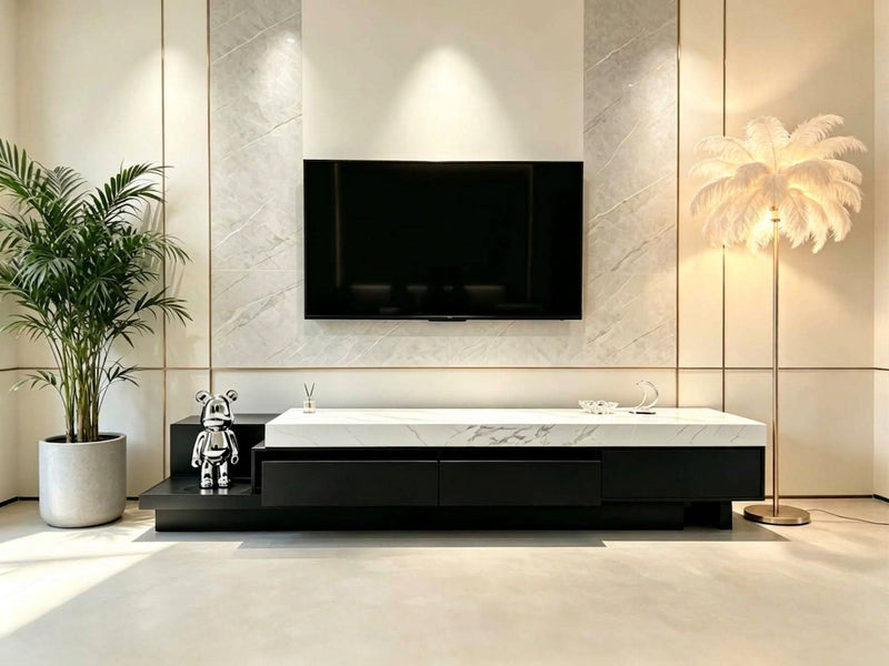 Modern Minimalist Marble TV Media Console with Extended Side Shelf