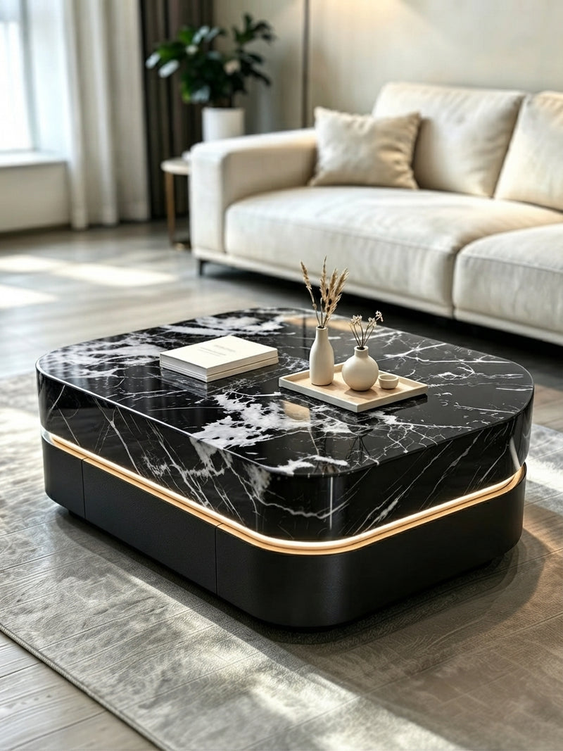 DecorMama Modern Luxury Black Marble Center Coffee Table – room setting