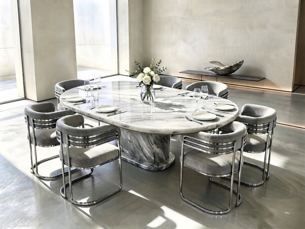 DecorMama® Luxury Oval Marble Dining Table Set with Cantilever Chairs