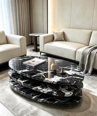 DecorMama Oval Three-Tiered Black & White Marble Coffee Table – room setting