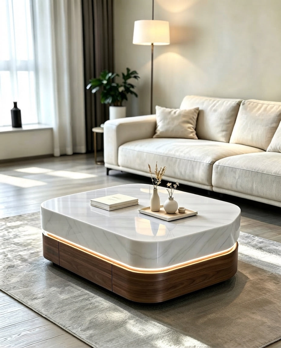 DecorMama® Modern Luxury White Marble &amp; Walnut Coffee Table