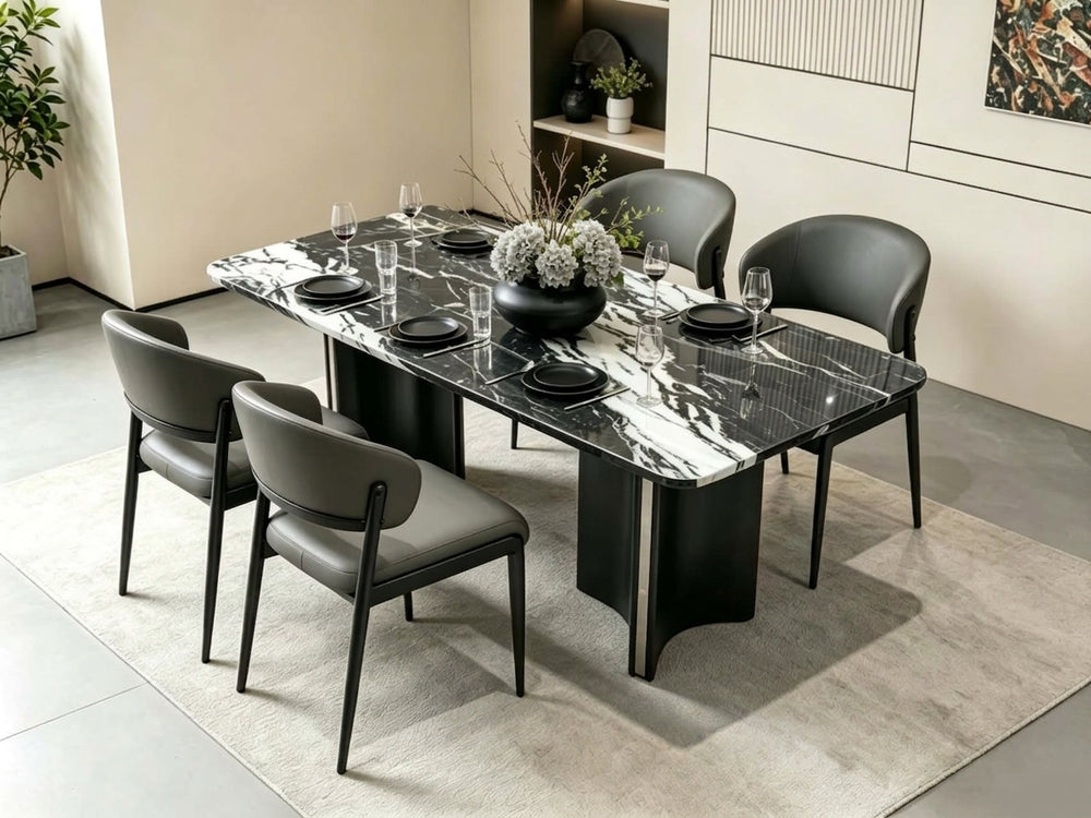 DecorMama® Luxury Black Marble Dining Table Set with Curved Leather Chairs
