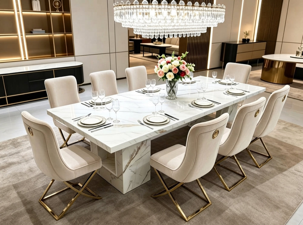 DecorMama® Luxury Marble Dining Table Set with 8 Velvet Chairs