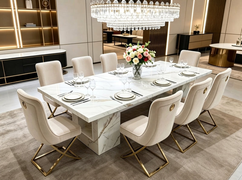 DecorMama Luxury Marble Dining Table Set with 8 Velvet Chairs – room setting